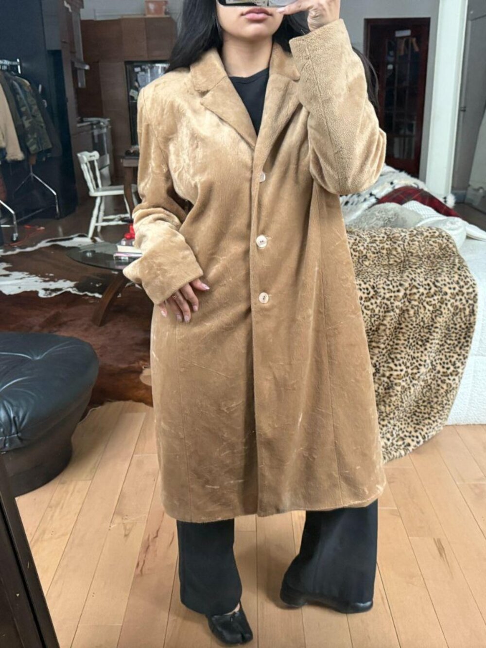 Camel Faux Suede Coat 90s Vintage Long Minimalist